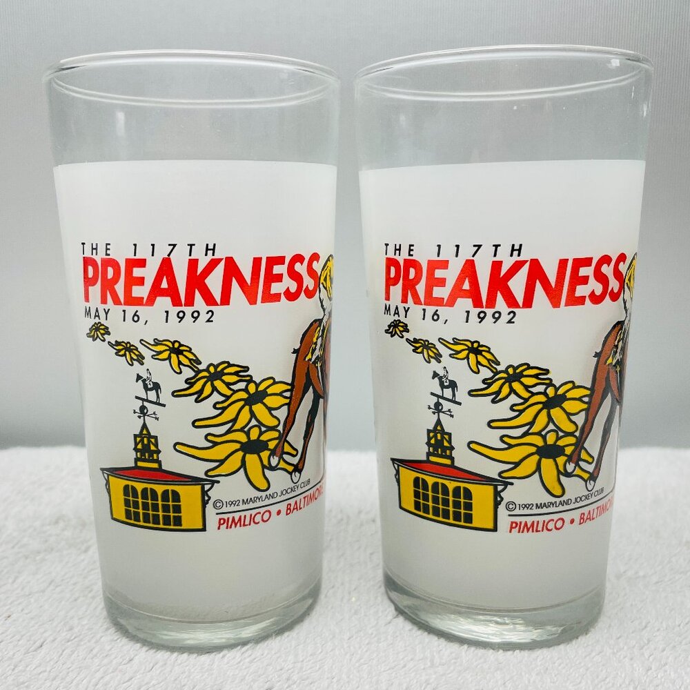 NEW S/2 117th Official Preakness Stakes Glasses, 1992, Pimlico, Balto, 12oz 2of3